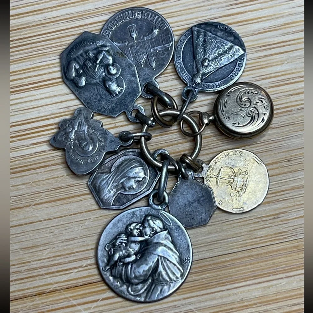Antique French Religious Medals with Darling, Tiny Compass - Extraordinary Gift!